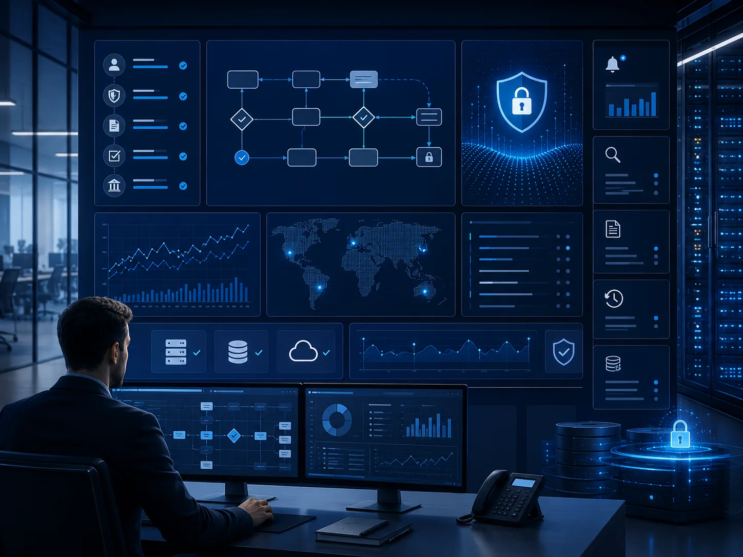Secure finance operations monitoring dashboard with workflow, logging, and infrastructure controls